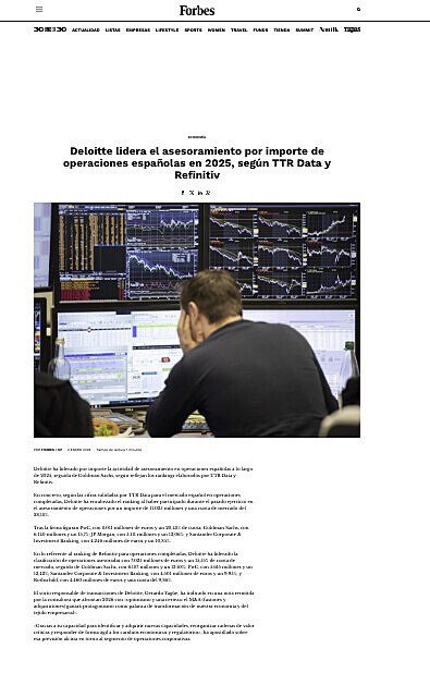 Deloitte lidera el asesoramiento por importe de operaciones espa�olas en 2025, seg�n TTR Data y Refinitiv
